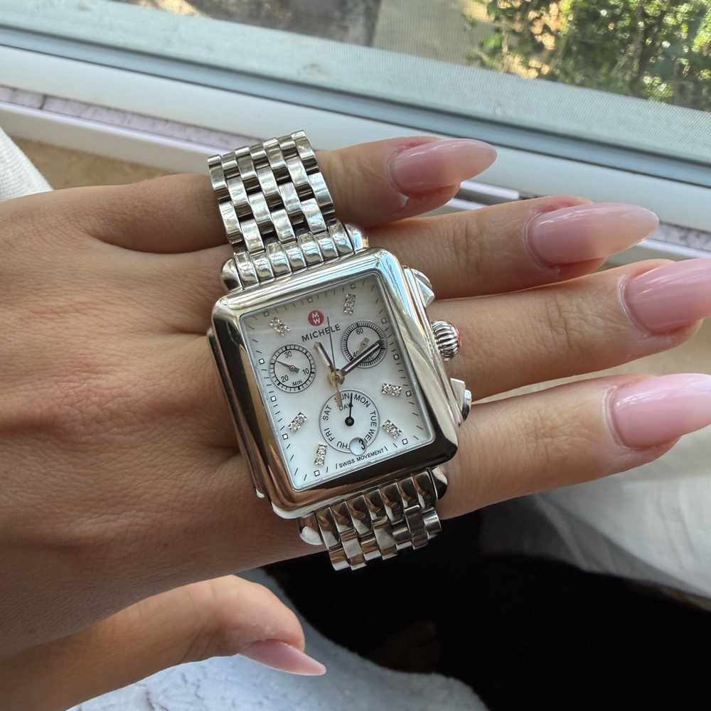 Michele Silver Diamond Deco Watch